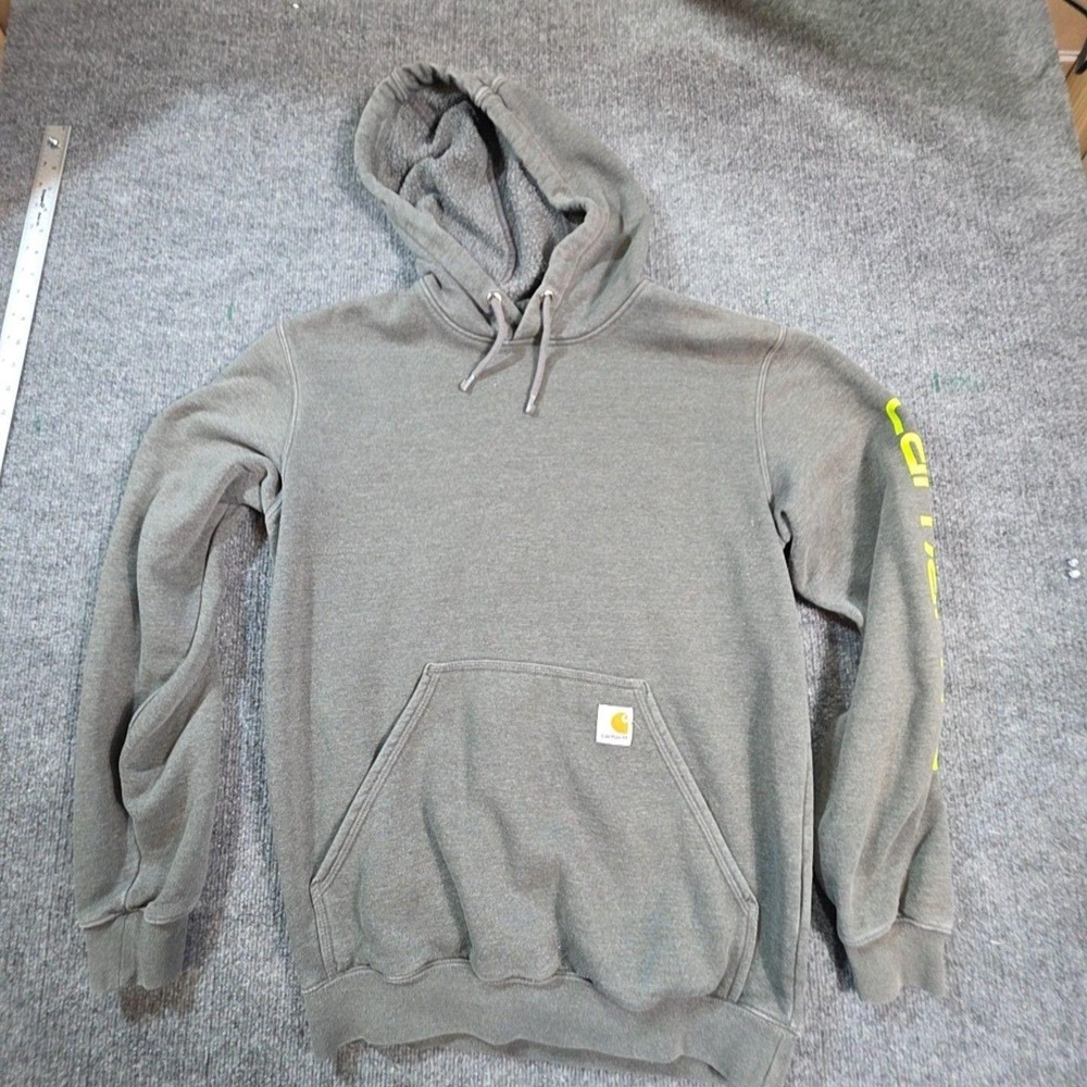 Carhartt Hoodie Mens Small Gray Fleece Pullover Sleeve Logo Loose Fit K288